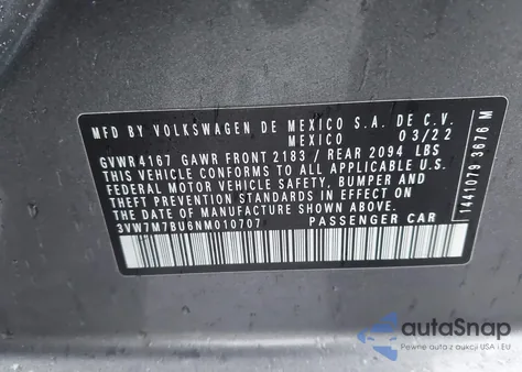 2022 Volkswagen Jetta 1.5T Se z USA, uszkodzony, nr VIN 3VW7M7BU6NM010707